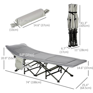 Folding camp bed with mattress and pillow, light grey