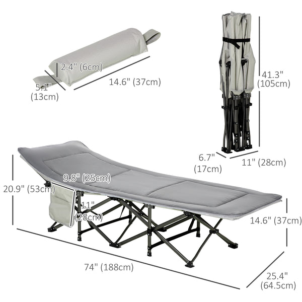 Folding camp bed with mattress and pillow, light grey