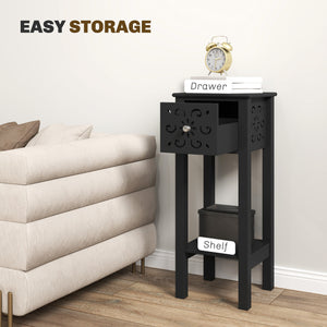 Set of 2 side tables with drawer and open storage shelf, black