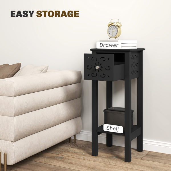 Set of 2 side tables with drawer and open storage shelf, black