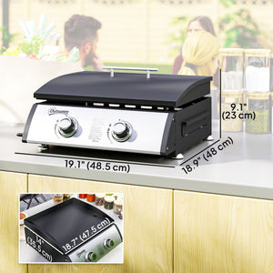 2-burner liquid propane gas barbecue, portable and tabletop, ideal for camping and picnics, silver.