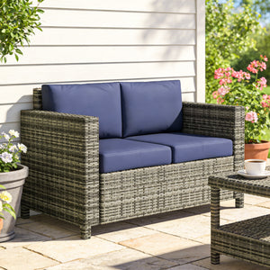 Two-seater outdoor sofa in woven resin, dark blue