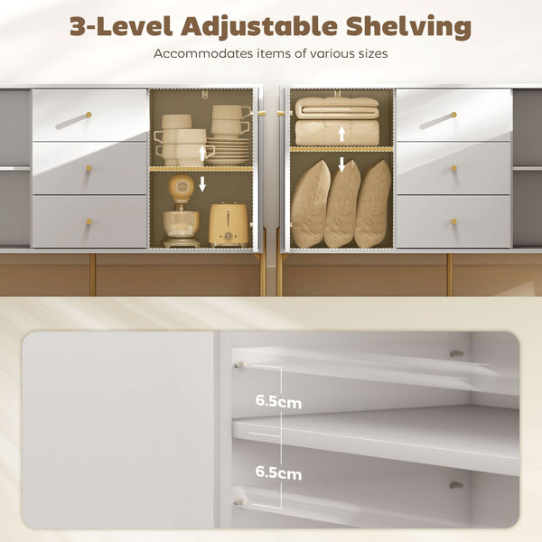 Modern storage buffet with 3 soft-close drawers and 2 adjustable shelves, white
