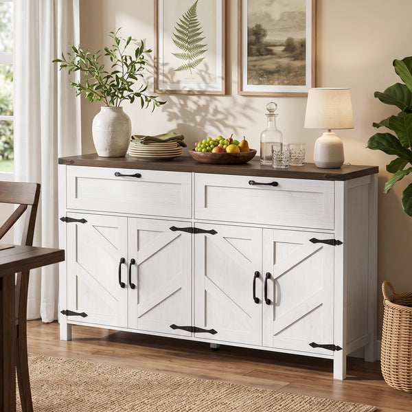 55" Storage Buffet with 2 Drawers, 2 Cabinets, and Adjustable Shelves, White