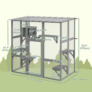 Cat enclosure with window, waterproof roof, bridge, resting niche and platforms, grey