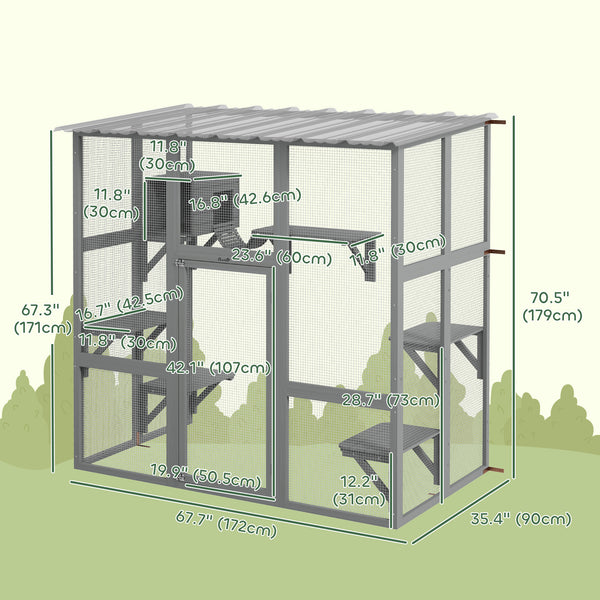 Cat enclosure with window, waterproof roof, bridge, resting niche and platforms, grey