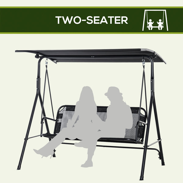 2-Person Porch Swing Chair, 2 Seater Patio Swing Bench w/ Adjustable Canopy, Breathable Seat for Garden, Poolside, Black