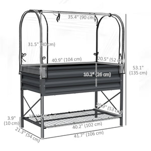Raised planter with lid, lower shelf and liner, dark grey