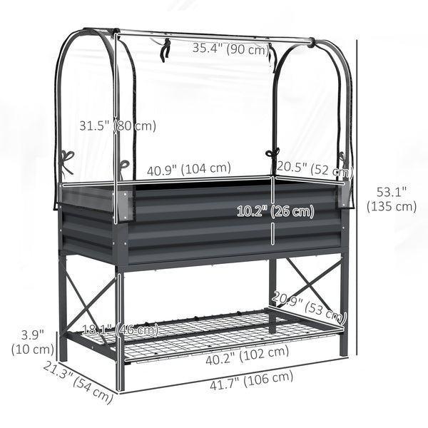 Raised planter with lid, lower shelf and liner, dark grey