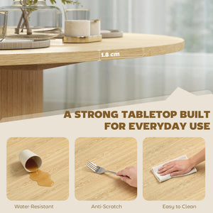 Round dining table for 5 people with a fluted central pedestal base, natural color.