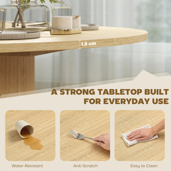 Round dining table for 5 people with a fluted central pedestal base, natural color.