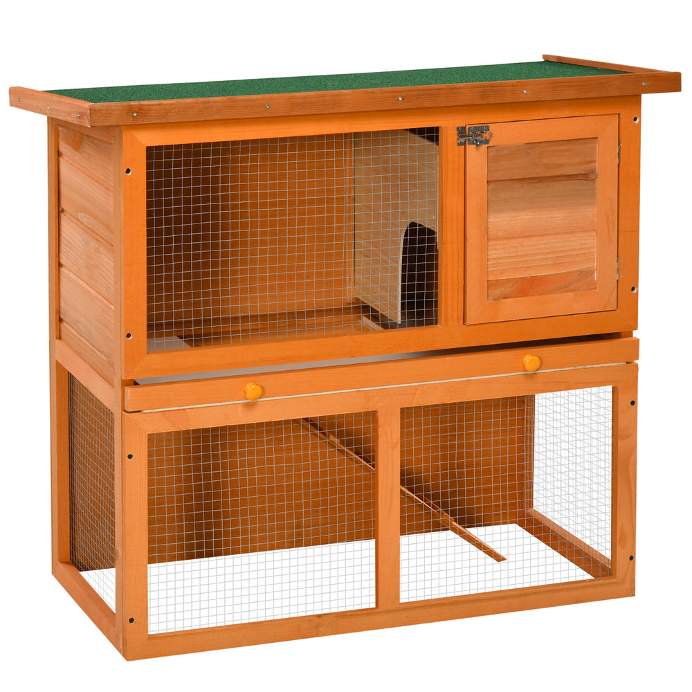 Wooden rabbit hutch with run, pull-out tray, and waterproof roof