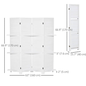 4-panel room divider with 3 storage shelves, white