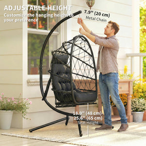 Hanging chair with stand, in woven rattan with thick cushion and safety rope, black