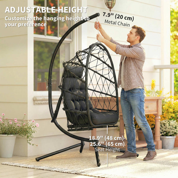 Hanging chair with stand, in woven rattan with thick cushion and safety rope, black
