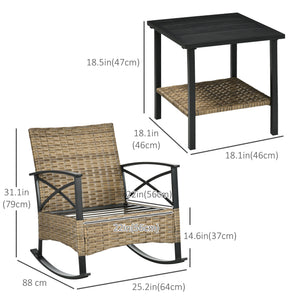Set of 3 Synthetic Rattan Rocking Chairs with Two-Tier Table and Padded Cushions, Grey