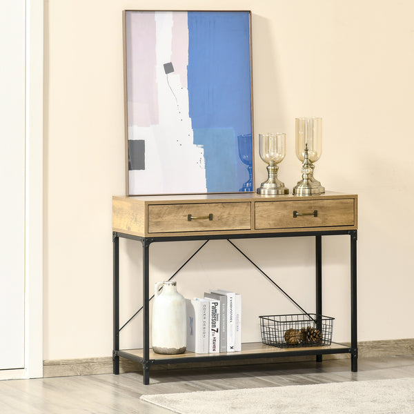 Entrance console table with drawers and storage shelf, brown