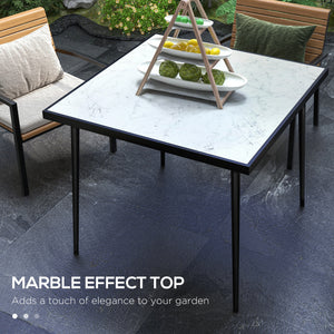 Outdoor dining table with tempered glass top with marble effect, white