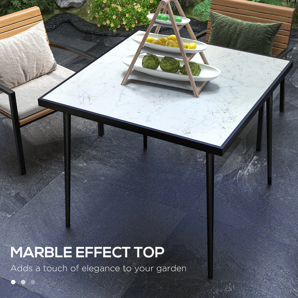 Outdoor dining table with tempered glass top with marble effect, white