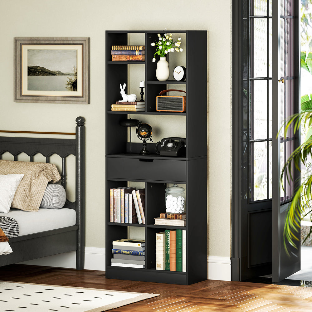 Tall bookcase with drawer, black