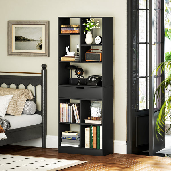 Tall bookcase with drawer, black