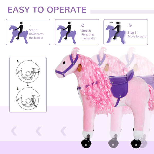 Rocking horse for toddlers, with sound and wheel, pink