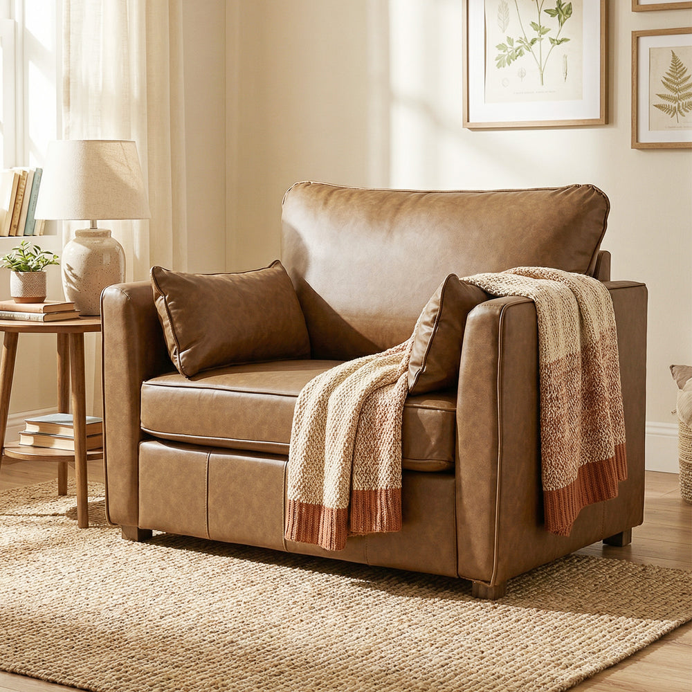 Faux leather accent chair with wide seat, spring cushion, rubberwood legs, 2 cushions, brown