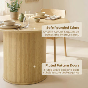 Round dining table for 5 people with a fluted central pedestal base, natural color.