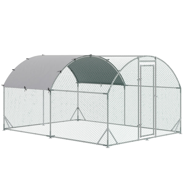Large galvanized metal chicken coop with outdoor run