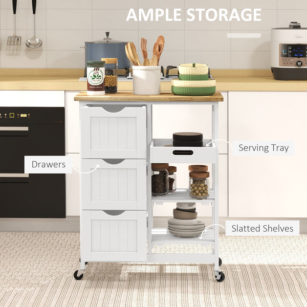 Kitchen trolley on castors with wooden top, 3 drawers and shelves, white