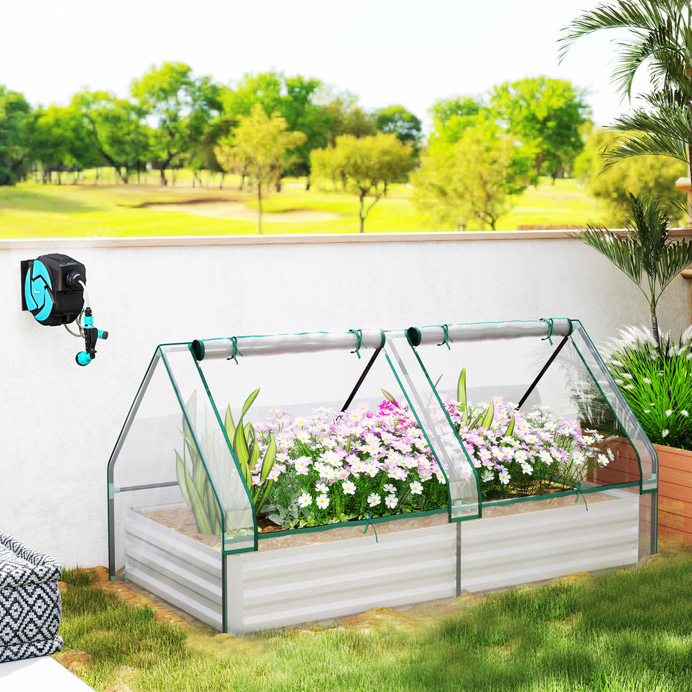 Metal raised planter with integrated lid for herbs and vegetables, clear and silver