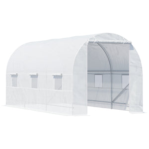 Portable tunnel greenhouse with door and ventilation window, white