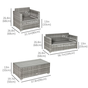 4 Pieces Patio Wicker Sofa Set, Outdoor PE Rattan Extra Wide Seat Conversation Furniture w/ Tempered Glass Table-top & Thick Padded Cushion for Garden, Backyard, Lawn, Mixed Grey