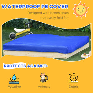 Wooden sandbox with folding bench, 2 plastic trays and bottom liner