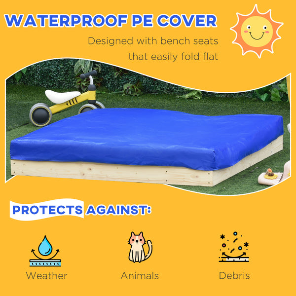 Wooden sandbox with folding bench, 2 plastic trays and bottom liner