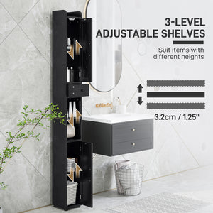 Narrow bathroom vanity with barn doors, drawer and adjustable shelves, black wood look