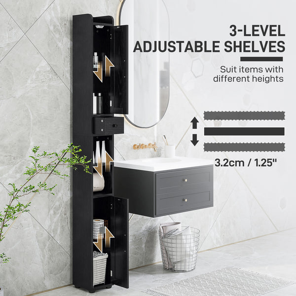 Narrow bathroom vanity with barn doors, drawer and adjustable shelves, black wood look