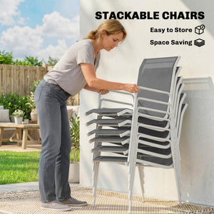 7-piece garden dining set, including a rectangular table and 6 stackable chairs.