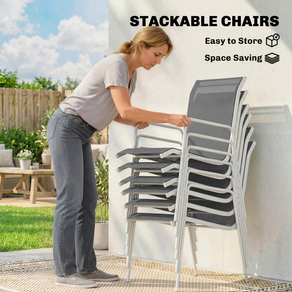 7-piece garden dining set, including a rectangular table and 6 stackable chairs.