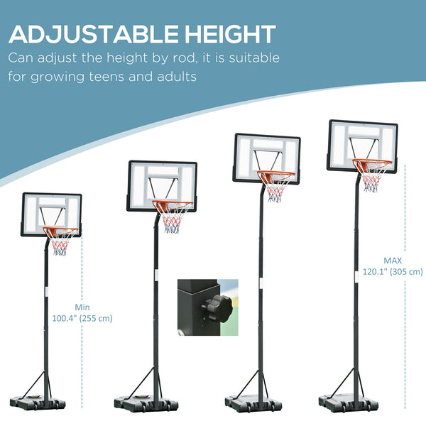 Portable basketball hoop with wheels, adjustable height from 2.4 to 3 m, black