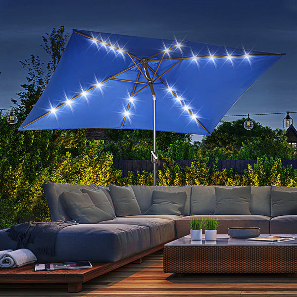 Rectangular 2 x 3 m tilting solar patio umbrella in aluminium with crank and LED (dark blue)