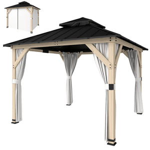 10' x 10' outdoor gazebo with double rigid steel roof, wood frame, curtains and hooks, light grey
