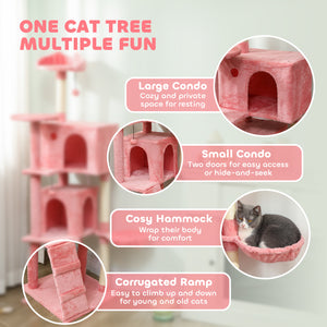 160cm Cat Tree with Sisal Scratching Posts, Cabins, Plush Perches, Hammock, Pink