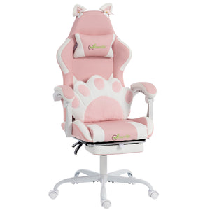 Gaming chair with cat ears and footrest, pink