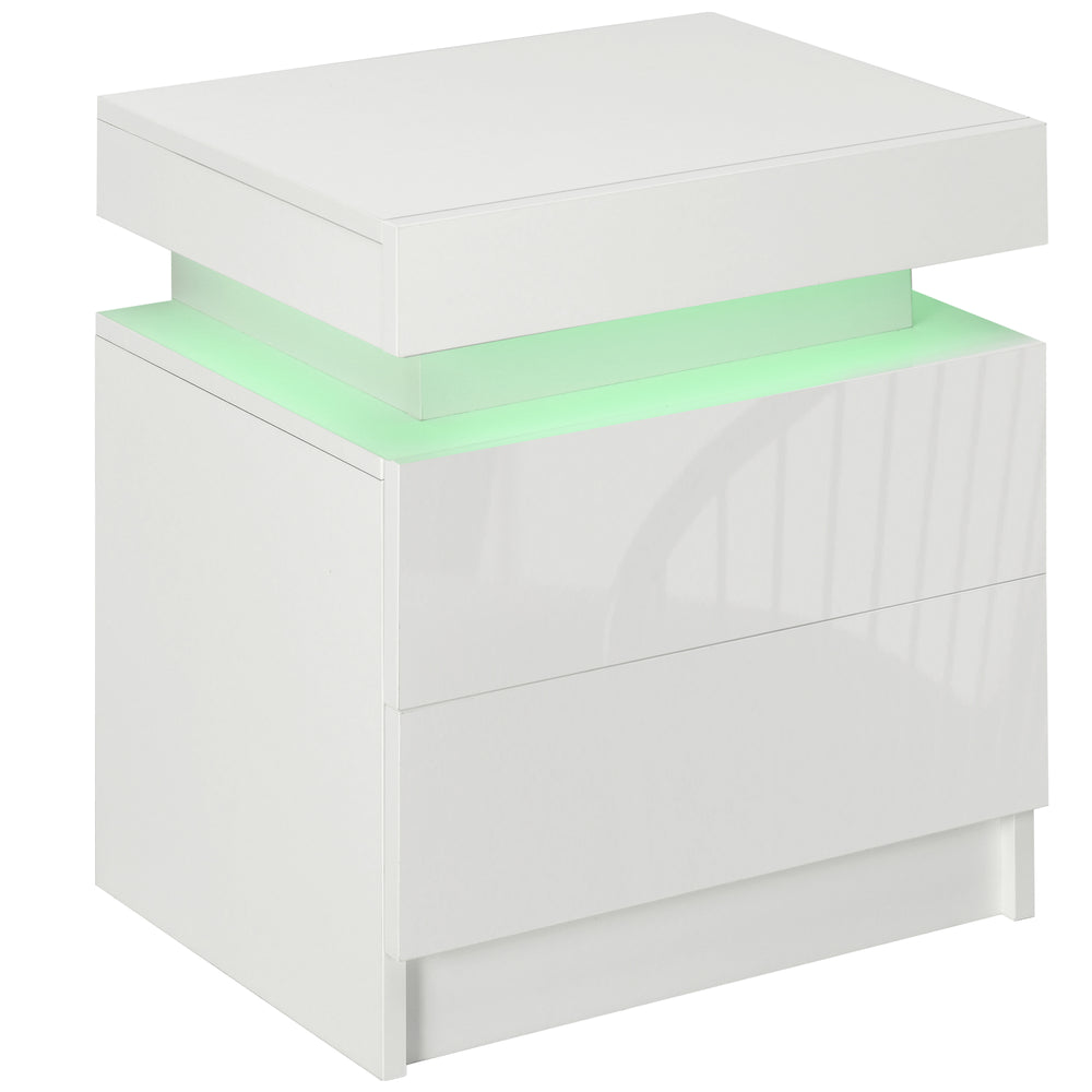 Nightstand with LED lighting and 2 drawers for bedroom or living room, white
