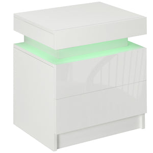 Nightstand with LED lighting and 2 drawers for bedroom or living room, white