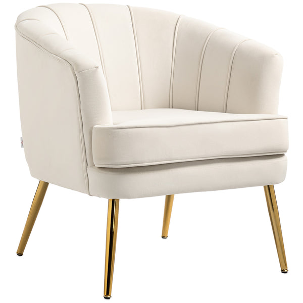 Modern fabric accent chair with gold metal legs, cream white