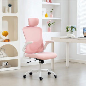 Ergonomic mesh office chair with headrest and lumbar support, pink