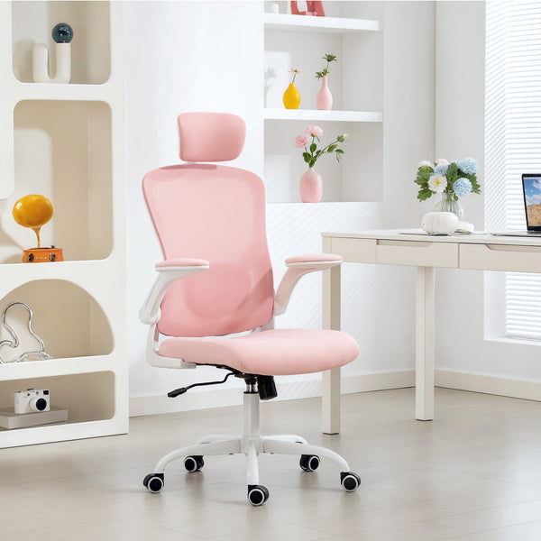 Ergonomic mesh office chair with headrest and lumbar support, pink