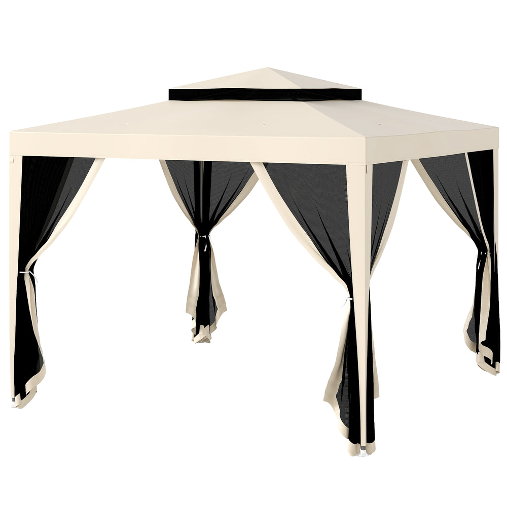 10' x 10' Outdoor Canopy Tent Party Tent with Mesh Netting and Double Tier Roof for Backyard, Garden, Patio, Beige